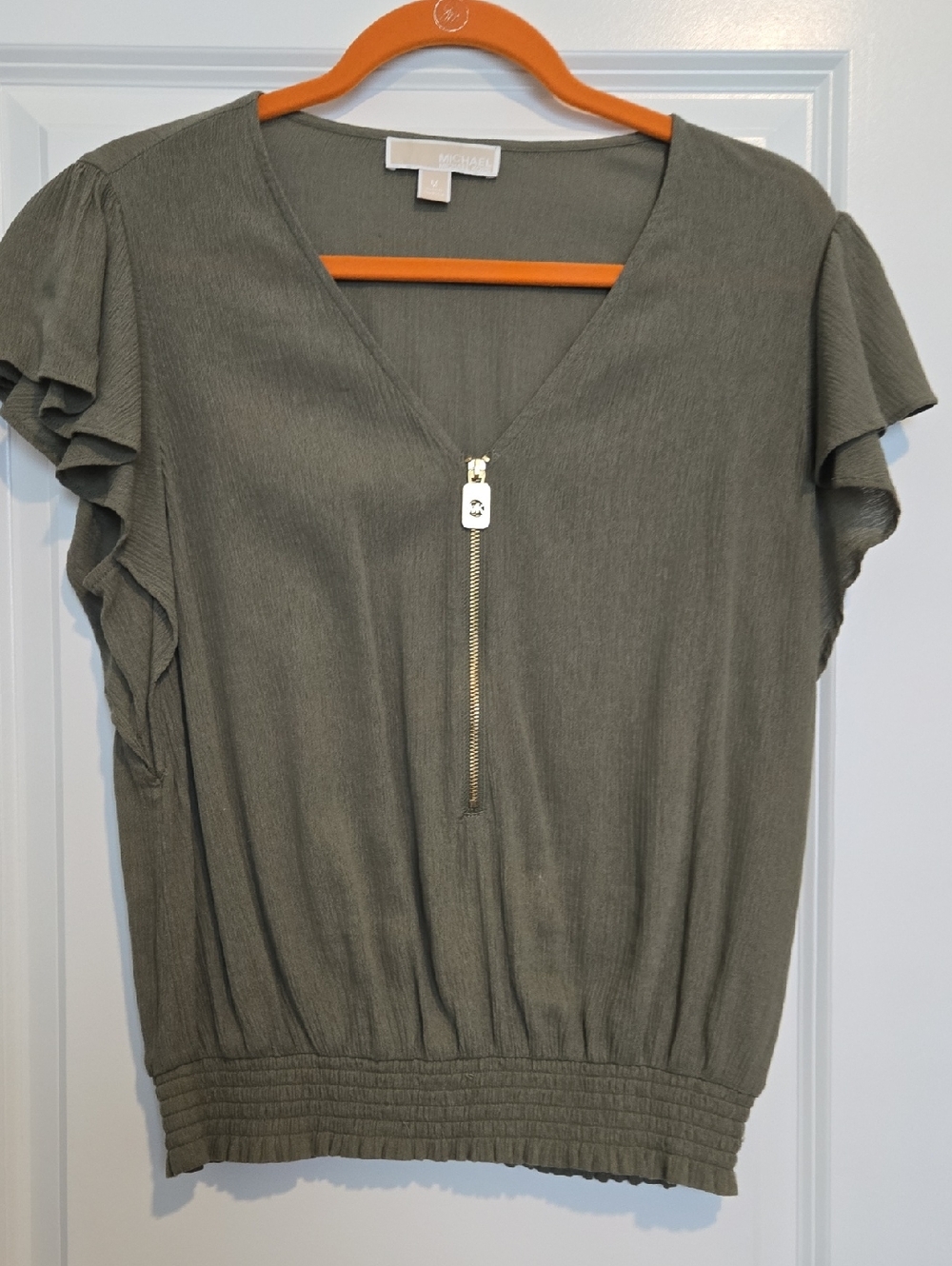 MICHAEL Michael Kors Olive Green V-Neck Zip Flutter Sleeve Top